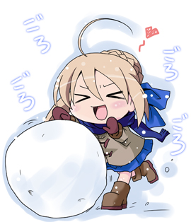 sawano akira, artoria pendragon (fate), saber (fate), fate/stay night, fate (series), bad id, bad pixiv id, lowres, > <, 00s, 1girl, ahoge, blue scarf, boots, chibi, closed eyes, female focus, hair ribbon, official alternate costume, ribbon, scarf, snow, snowball, solo
