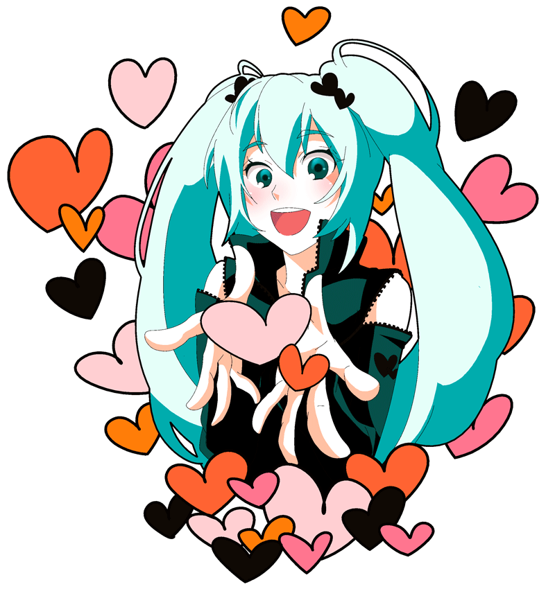 tawashi(pixiv50960), hatsune miku, vocaloid, bad id, bad pixiv id, aqua eyes, aqua hair, detached sleeves, heart, long hair, open mouth, smile, solo, twintails