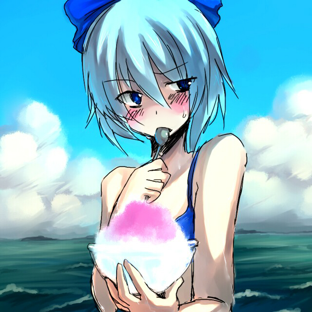 onimaru, onimaru gonpei, cirno, touhou, 1girl, bare shoulders, beach, blue eyes, blue hair, blush, day, eating, female focus, food, holding, holding spoon, ice cream, matching hair/eyes, shaved ice, short hair, solo, spoon, swimsuit