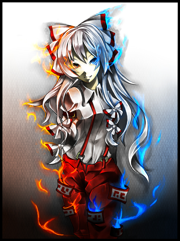 kuroharu, kuroharu (yuto), fujiwara no mokou, touhou, silver hair, 1girl, blue eyes, bow, female focus, glowing, glowing eyes, hair bow, hair ribbon, heterochromia, long hair, multiple hair bows, red eyes, ribbon, solo