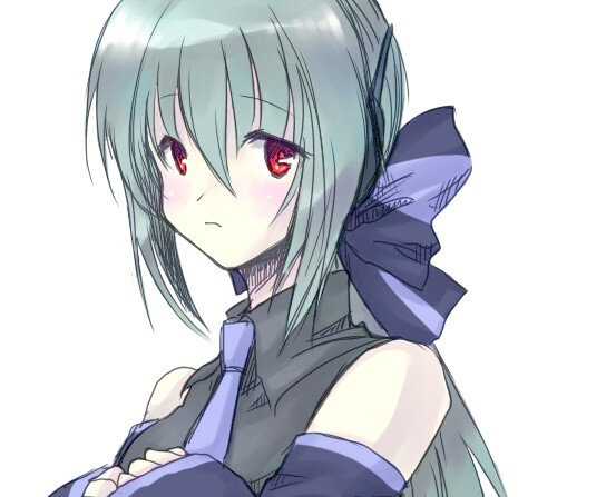 onimaru, onimaru gonpei, yowane haku, vocaloid, silver hair, 1girl, ahoge, blouse, detached sleeves, female focus, grey shirt, ponytail, red eyes, ribbon, shirt, solo