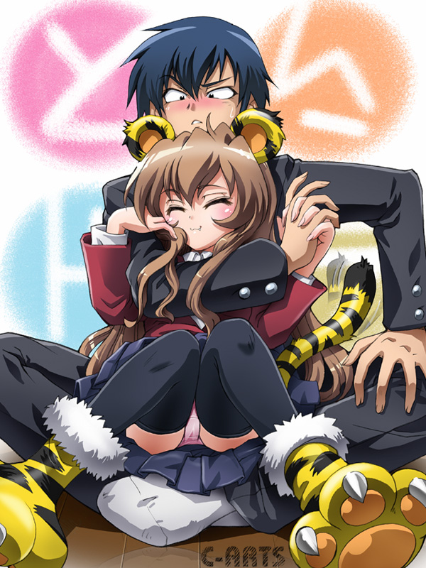 maguta, aisaka taiga, takasu ryuuji, toradora!, 00s, 1boy, 1girl, :3, animal ears, animal hands, blue hair, blush, brown hair, closed eyes, fang, happy, hetero, holding hands, long hair, panties, pantyshot, school uniform, short hair, sitting, sitting on lap, sitting on person, tail, thighhighs, tiger ears, tiger paws, tiger tail, underwear