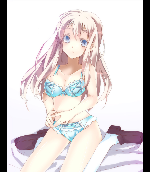 ise (velvet088), kotobuki tsumugi, k-on!, eyebrows, bad id, bad pixiv id, 00s, 1girl, blonde hair, blue eyes, bra, female focus, kneeling, lingerie, long hair, panties, shoes, socks, solo, underwear, underwear only