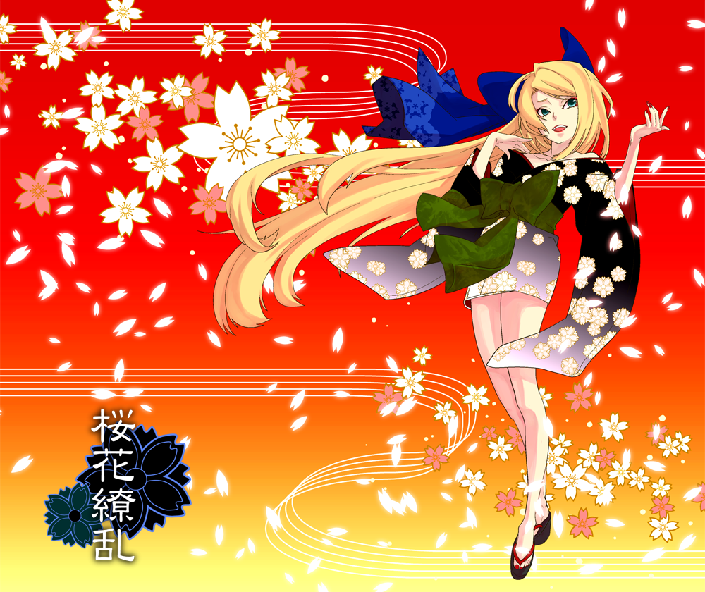 tawashi(pixiv50960), kagamine rin, vocaloid, bad id, bad pixiv id, 1girl, aged up, alternate hairstyle, blonde hair, blue eyes, female focus, flower, hair ribbon, japanese clothes, kimono, long hair, nail polish, open mouth, petals, red nails, ribbon, short kimono, solo