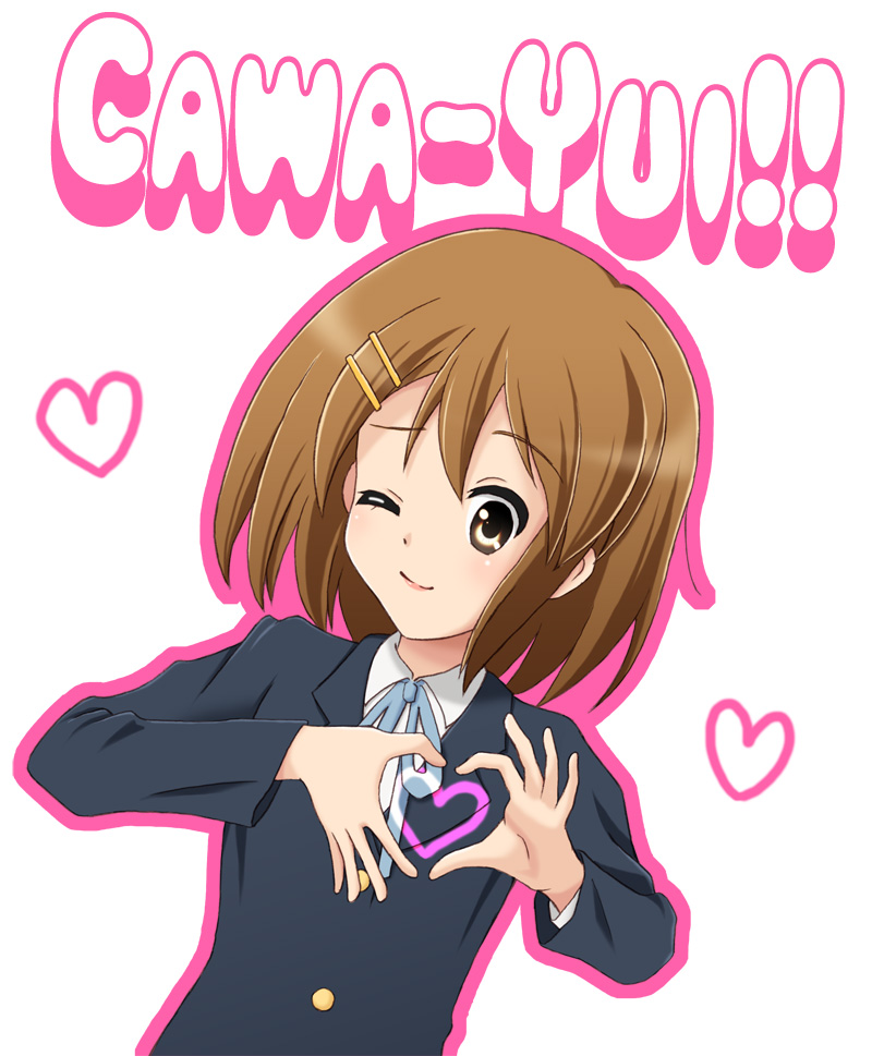 fukamori reo, hirasawa yui, k-on!, bad id, bad pixiv id, (><), 00s, 1girl, brown eyes, brown hair, female focus, heart, heart hands, heart in heart hands, one eye closed, school uniform, solo, wink