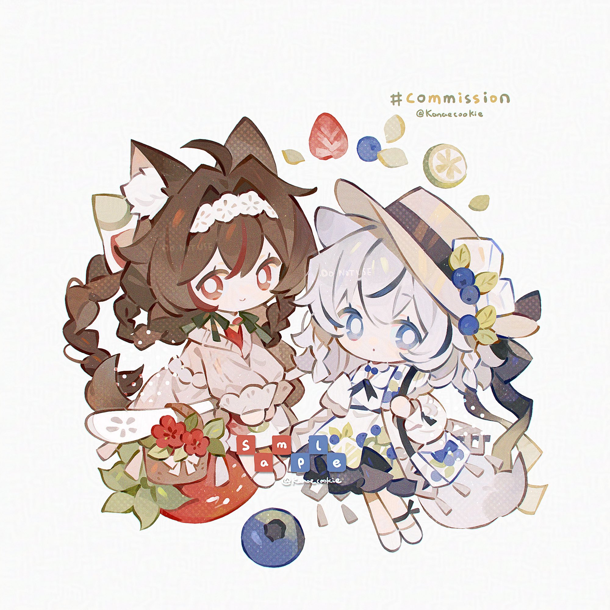 kanae (cookie), original, commission, highres, 2girls, animal ear fluff, animal ears, blue eyes, blue streaks, blueberry, braid, braided hair rings, bright pupils, brown hair, brown hat, chibi, chibi only, closed mouth, double-parted bangs, dress, food, fruit, full body, hair rings, hat, long hair, long sleeves, looking at viewer, multicolored hair, multiple girls, pink sweater, red eyes, red streaks, sample watermark, simple background, smile, standing, strawberry, streaked hair, sweater, tail, twin braids, twitter username, watermark, white background, white dress, white hair, white pupils, wolf ears, wolf girl, wolf tail