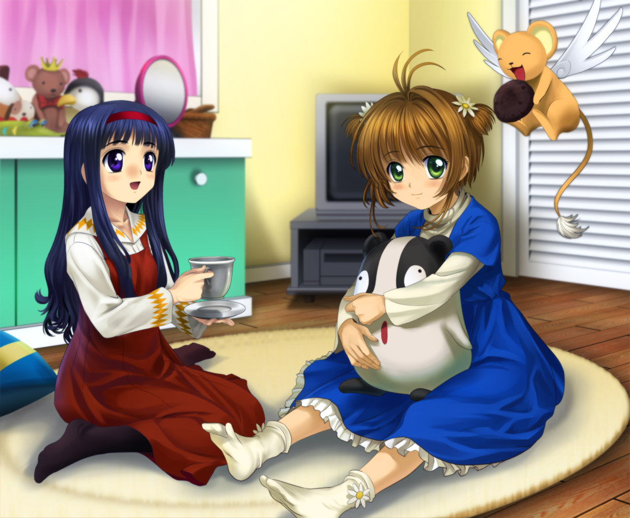 mutsuki (moonknives), daidouji tomoyo, kero (cardcaptor sakura), kinomoto sakura, cardcaptor sakura, kodansha, bad id, bad pixiv id, 1990s (style), 2girls, antenna hair, blue eyes, blue hair, blush, brown hair, child, cookie, cup, dress, feet, food, green eyes, hairband, long hair, multiple girls, open mouth, pantyhose, retro artstyle, short hair, socks, stuffed animal, stuffed toy, twintails, wings