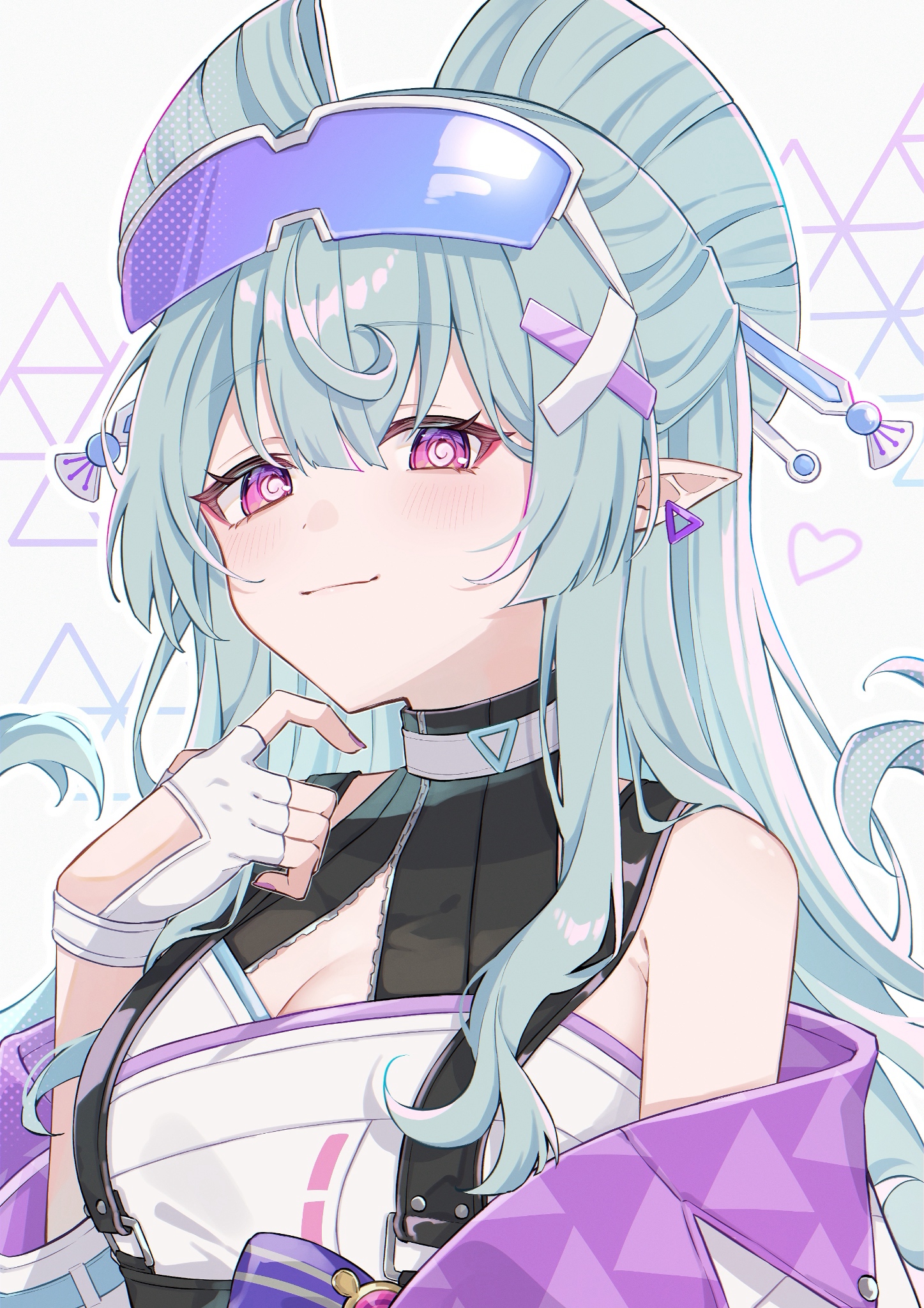 nya inuha, yumemizuki mizuki, genshin impact, highres, 1girl, aqua hair, black shirt, breasts, detached sleeves, eyewear on head, fingerless gloves, gloves, hair ornament, jacket, purple eyes, purple jacket, shirt, smile, solo, white gloves, white shirt, x hair ornament