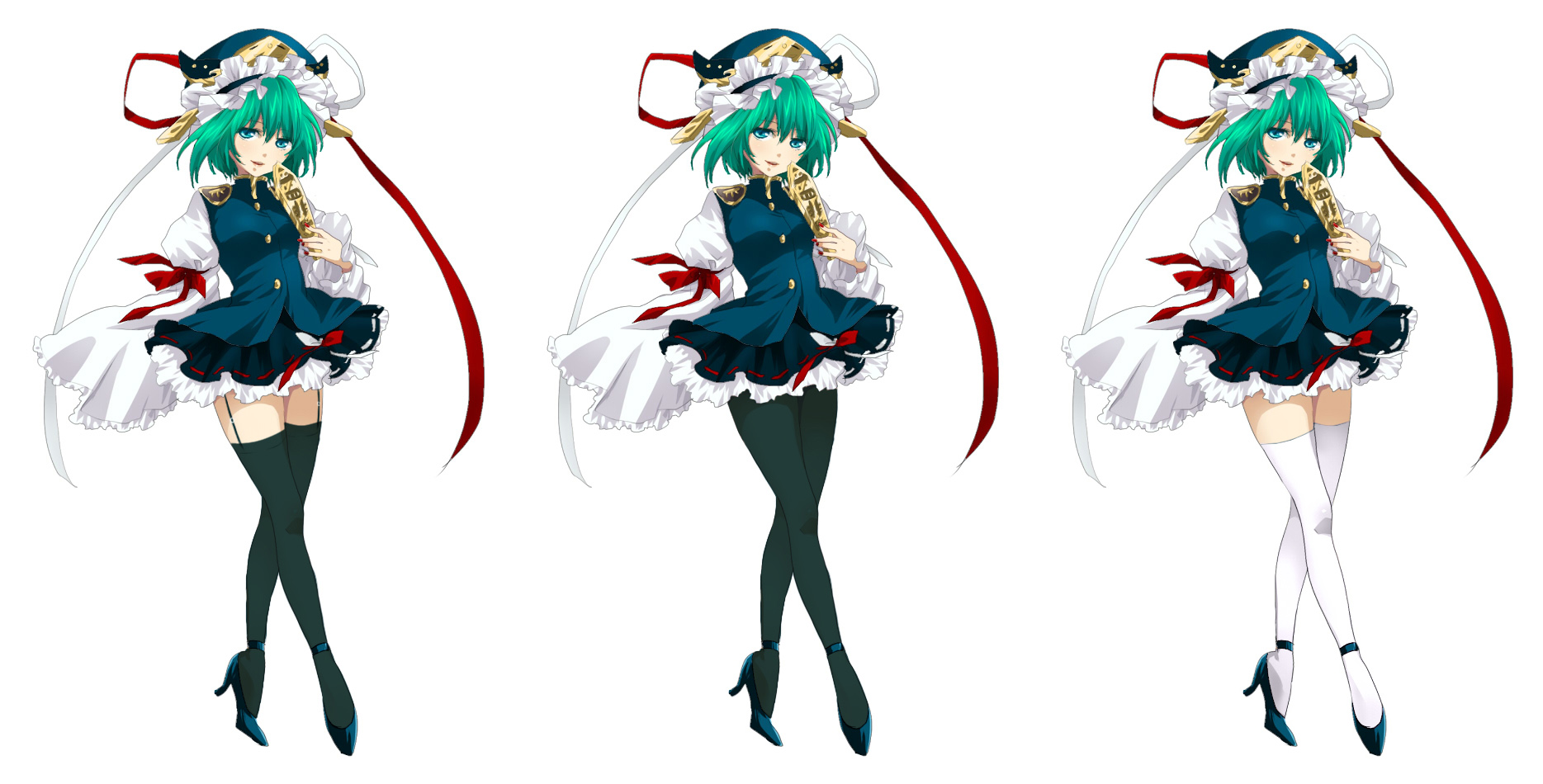 shiki eiki, touhou, highres, non-web source, 1girl, blue eyes, dress, female focus, garter belt, garter straps, green hair, hat, high heels, pantyhose, rod of remorse, shoes, thighhighs, variations