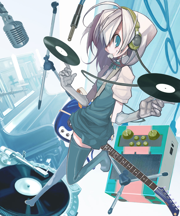 yuuki (irodo rhythm), amplifier, cd, dj, gloves, guitar, headphones, instrument, microphone, microphone stand, radio, short hair, smile, solo, studio microphone, thighhighs, vinyl, vinyl record, zettai ryouiki