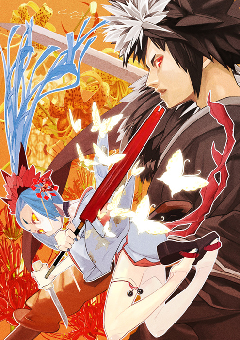 yuuki (irodo rhythm), blade chronicle, original, blue hair, clog sandals, japanese clothes, knife, long hair, okobo, platform sandals, ponytail, sandals, thighhighs, white thighhighs, yellow eyes