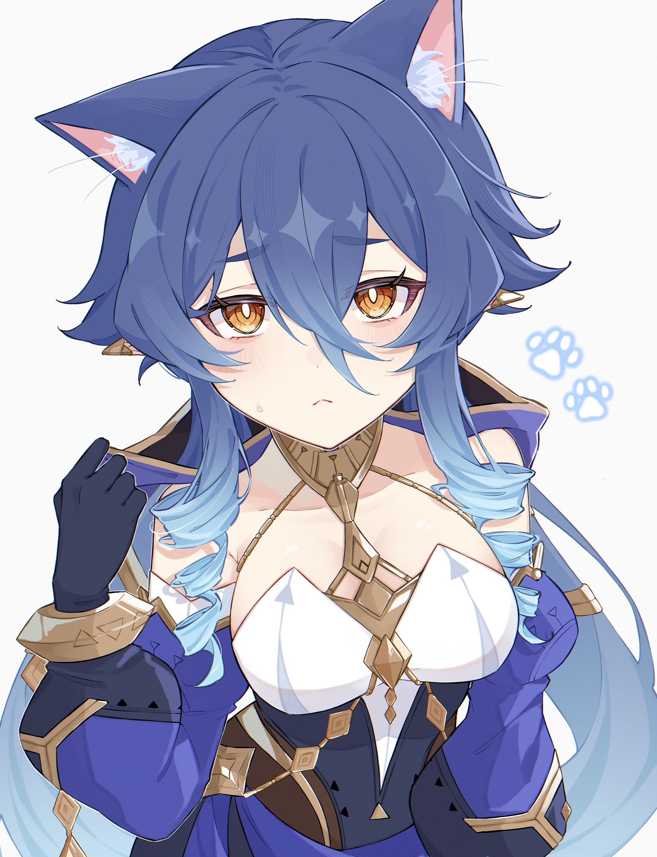 nya inuha, layla (genshin impact), genshin impact, absurdres, highres, 1girl, animal ears, black gloves, blue hair, blue sleeves, blush, breasts, cat ears, cat girl, closed mouth, drill hair, drill sidelocks, earrings, gloves, gold trim, gradient hair, hair between eyes, hood, jewelry, long hair, long sleeves, multicolored hair, pointy ears, sidelocks, solo, twin drills, very long hair, white background, yellow eyes