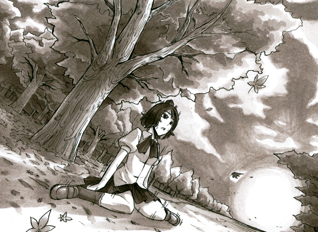 takami masahiro, shameimaru aya, touhou, looking away, bad id, bad pixiv id, 1girl, dutch angle, female focus, hat, leaf, looking up, monochrome, open mouth, sepia, short hair, sitting, solo, staring, sunset, tokin hat, tree, wariza