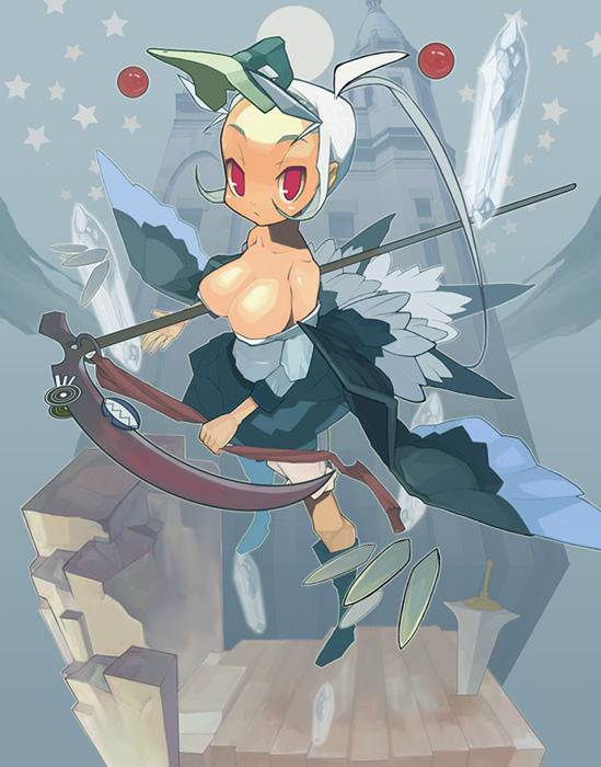 yuuki (irodo rhythm), original, :o, breasts, cleavage, large breasts, long hair, red eyes, scythe, solo, white hair, wings