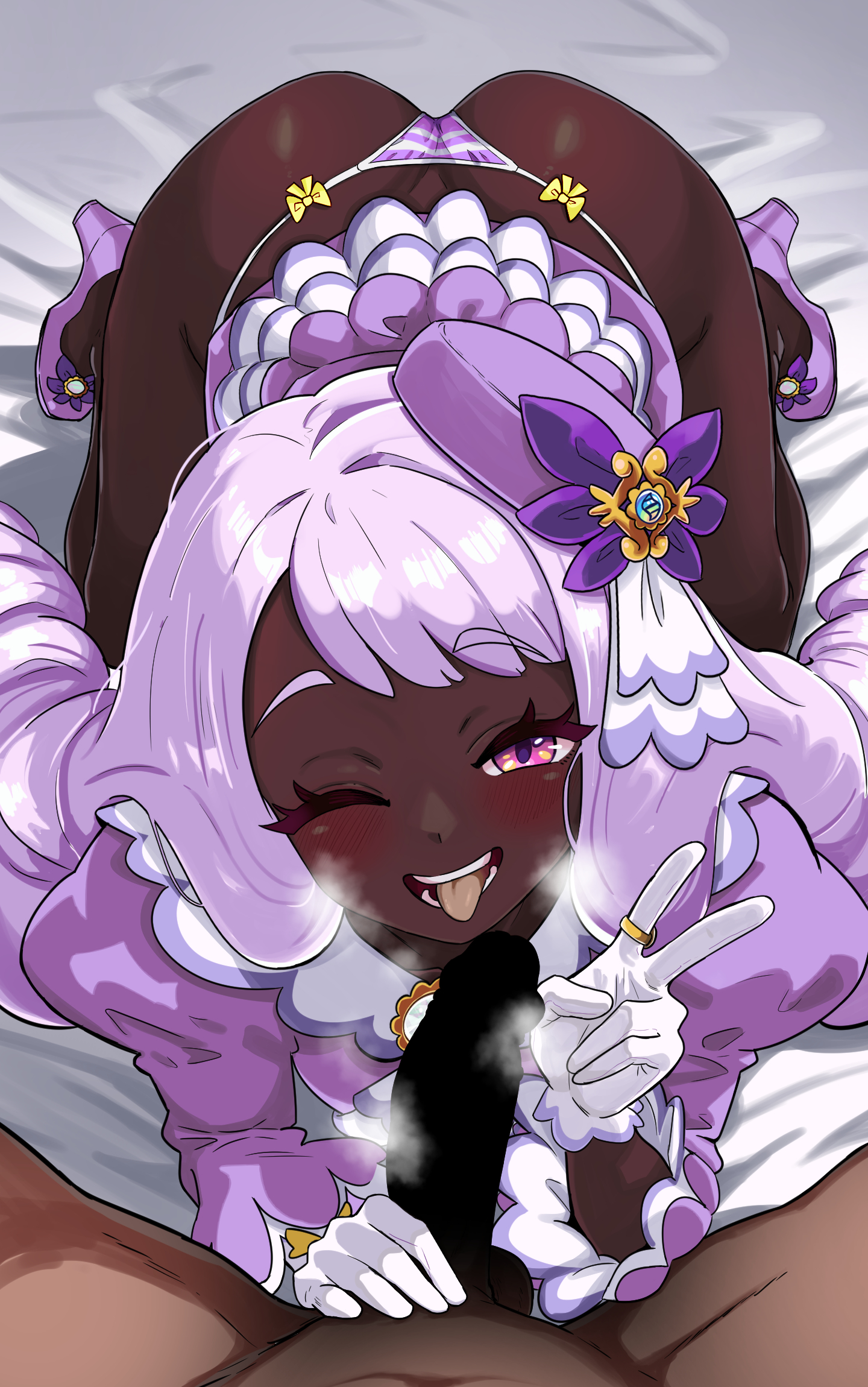 cutiemachina, jacinthe (pokemon), nintendo, pokemon, pokemon legends: z-a, commentary, highres, 1boy, 1girl, ;d, ass, bed sheet, blank censor, blush, breath, censored, clothed female nude male, dark-skinned female, dark skin, eyelashes, gloves, hair ornament, hetero, jewelry, nude, one eye closed, open mouth, panties, penis, penis hold, pink eyes, puffy sleeves, purple panties, purple shoes, ring, shoes, smile, striped clothes, striped panties, teeth, tongue, tongue out, underwear, v, white gloves