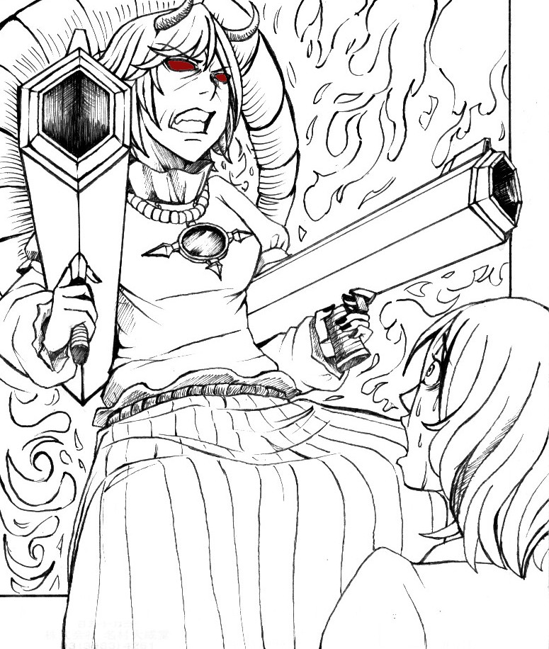 takami masahiro, shameimaru aya, yasaka kanako, touhou, bad id, bad pixiv id, 2girls, female focus, greyscale, gun, hat, horns, mirror, monochrome, multiple girls, parody, red eyes, rope, short hair, spot color, tokin hat, weapon