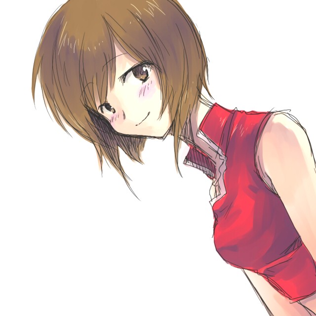 onimaru, onimaru gonpei, meiko (vocaloid), vocaloid, 1girl, blush, breasts, brown eyes, brown hair, female focus, midriff peek, short hair, simple background, smile, solo