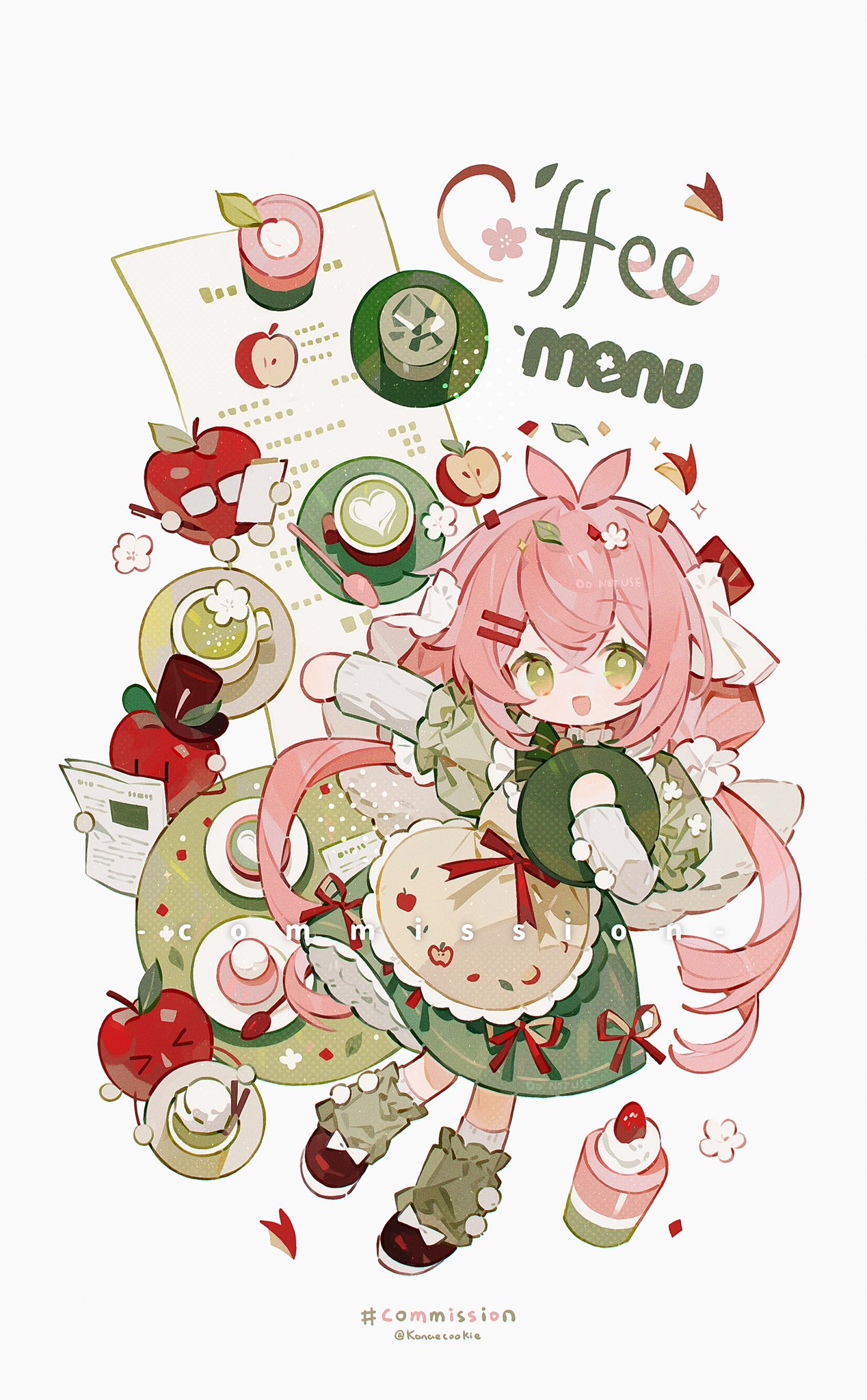 kanae (cookie), original, commission, highres, 1girl, :d, antenna hair, apple, apron, brown apron, brown shoes, coffee, cup, double-parted bangs, dress, food, frilled apron, frills, fruit, full body, green dress, green eyes, hair between eyes, holding, holding tray, layered sleeves, long hair, long sleeves, looking at viewer, low twintails, open mouth, outstretched arm, pink hair, receipt, shoes, short over long sleeves, short sleeves, sidelocks, simple background, smile, socks, solo, standing, tray, twintails, twitter username, white background, white socks
