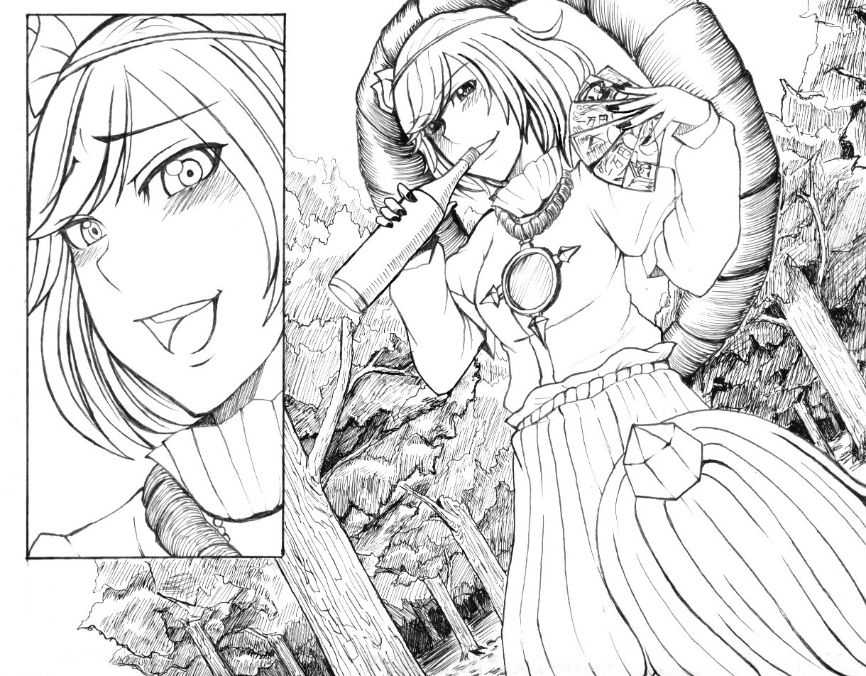 takami masahiro, shameimaru aya, yasaka kanako, touhou, bad id, bad pixiv id, 1girl, alcohol, dutch angle, female focus, forest, greyscale, hat, mirror, money, monochrome, nature, outdoors, plant, rope, short hair, skirt, smile, solo, tokin hat, wine