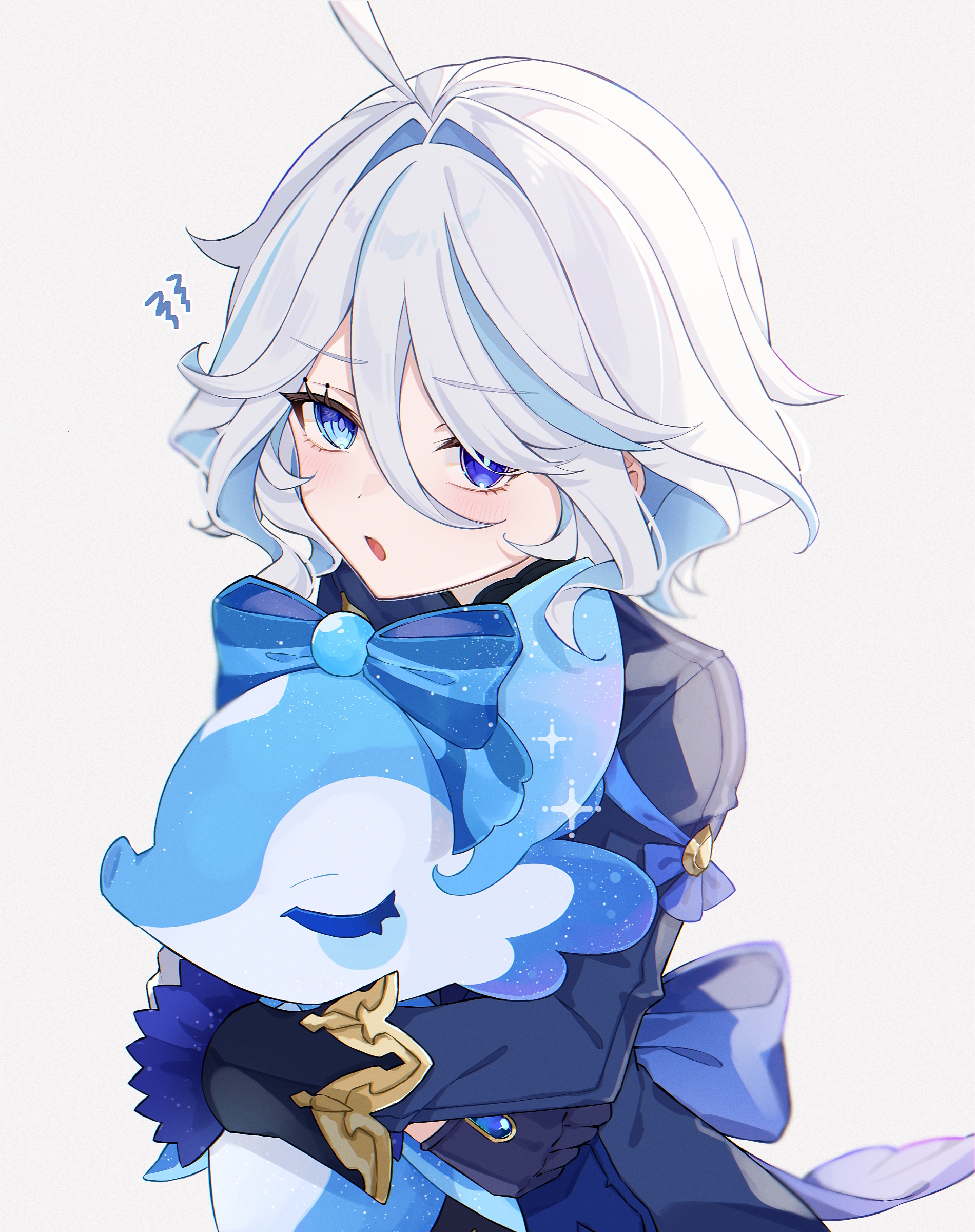 nya inuha, furina (genshin impact), surintendante chevalmarin, genshin impact, absurdres, highres, 1girl, black jacket, blue bow, blue eyes, blue hair, bow, hair between eyes, heterochromia, jacket, long sleeves, looking at viewer, medium hair, multicolored hair, open mouth, solo, streaked hair, symbol-shaped pupils, white hair