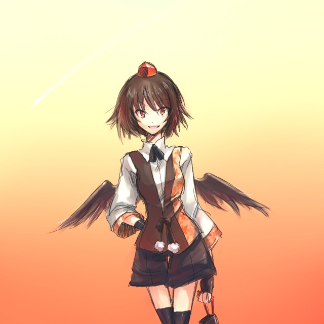 onimaru, onimaru gonpei, shameimaru aya, touhou, 1girl, black hair, black wings, female focus, fingerless gloves, gloves, hat, low wings, red eyes, short hair, shorts, smile, solo, tokin hat, vest, wings