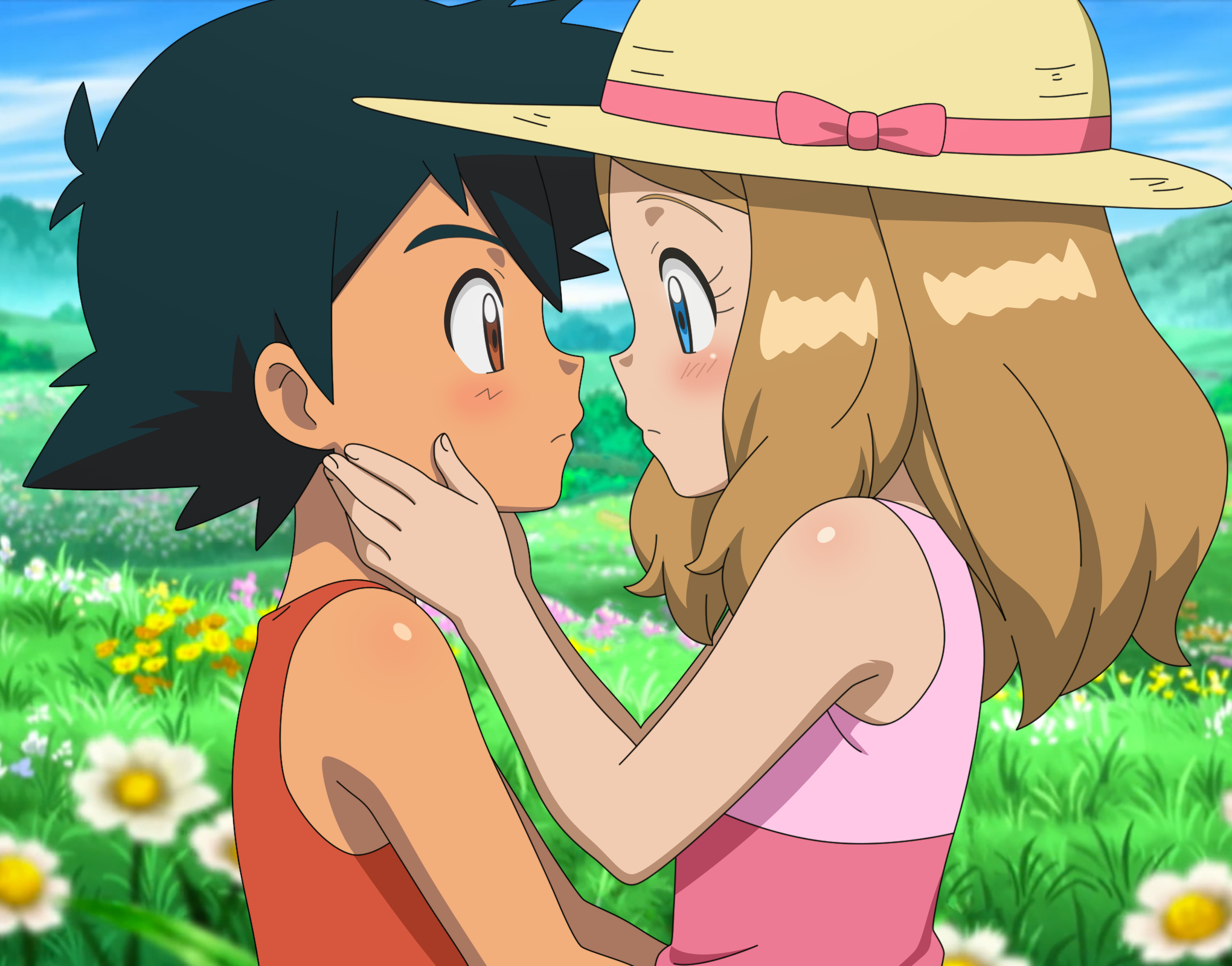 jitan (jjvm4477), ash ketchum, serena (pokemon), nintendo, pokemon, pokemon (anime), pokemon xy (anime), commentary request, highres, 1boy, 1girl, aged down, black hair, blue eyes, blush, bow, brown eyes, closed mouth, cloud, day, eye contact, eyelashes, field, flower, from side, grass, hands up, hat, hat bow, hetero, long hair, looking at another, orange shirt, outdoors, pink bow, shirt, sky, sleeveless, sleeveless shirt, upper body, yellow hat
