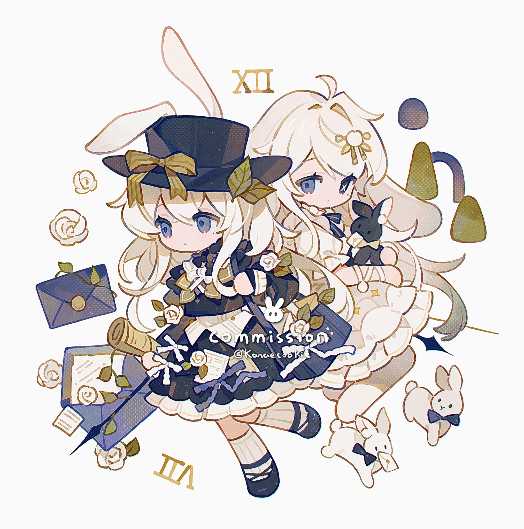 kanae (cookie), original, commission, highres, 2girls, animal, animal ears, bag, blue dress, blue eyes, blue shoes, closed mouth, dress, floppy ears, frilled dress, frills, full body, holding, holding animal, letter, long hair, long sleeves, mismatched pupils, multiple girls, rabbit, rabbit ears, rabbit girl, shoes, short sleeves, simple background, socks, symbol-shaped pupils, twitter username, white background, white dress, white hair, white socks, x-shaped pupils