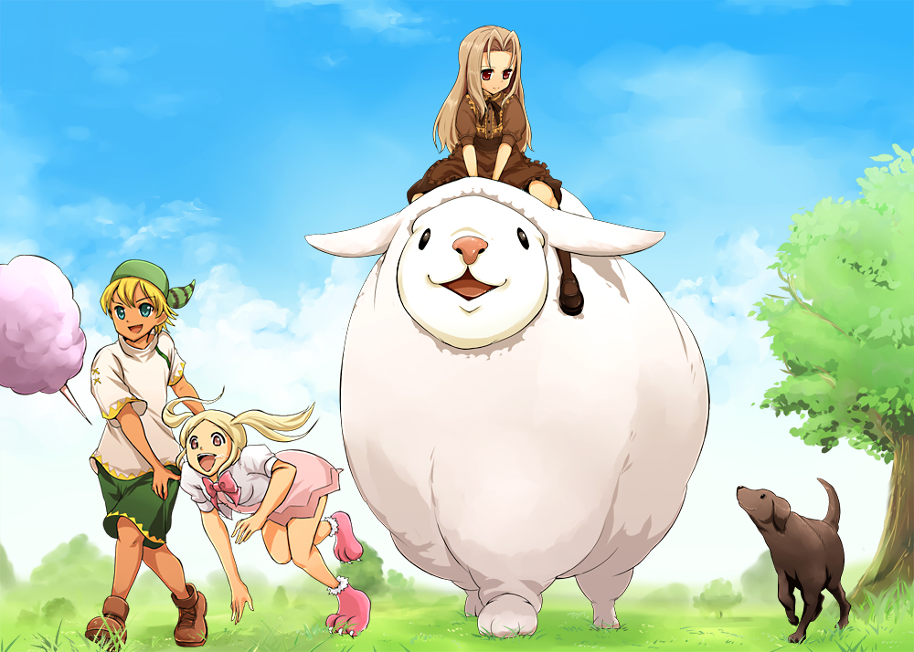 rarako, deian, fleta, player character (mabinogi), mabinogi, 1boy, 2girls, animal, blonde hair, blue eyes, blue sky, bow, brown eyes, brown hair, cotton candy, day, dog, grass, hat, long hair, multiple girls, outdoors, oversized animal, paw shoes, riding, sheep, shoes, short hair, short sleeves, shorts, skirt, sky, tree, twintails