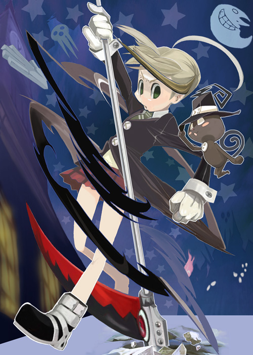 yuuki (irodo rhythm), blair (cat) (soul eater), blair (soul eater), maka albarn, soul eater, 00s, 1girl, ahoge, black cat, black jacket, blush stickers, boots, brown hair, building, cat, collared shirt, flying, gloves, hat, jacket, long hair, miniskirt, moon, plaid clothes, plaid skirt, scythe, shirt, short hair, skirt, star (symbol), white gloves, white shirt, witch hat