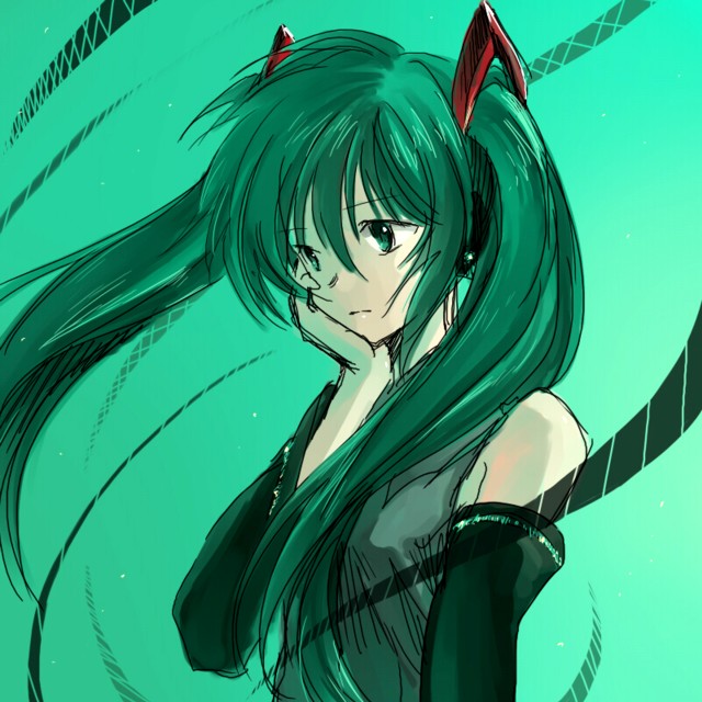 onimaru, onimaru gonpei, hatsune miku, vocaloid, detached sleeves, green eyes, green hair, solo, twintails