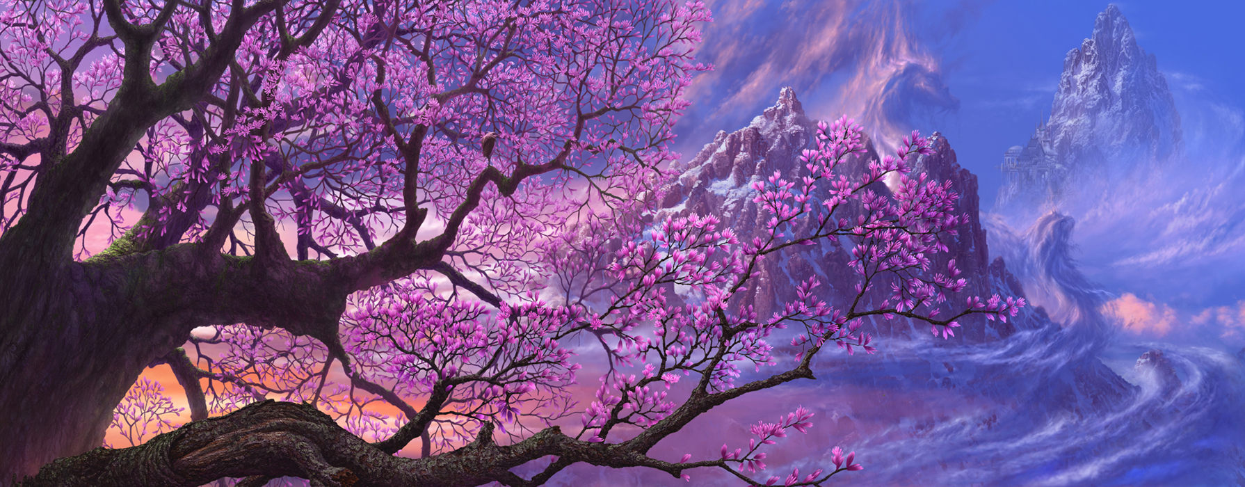 kazumasa uchio, uchio kazumasa, original, highres, castle, cloud, flower, mountain, no humans, scenery, sky, tree