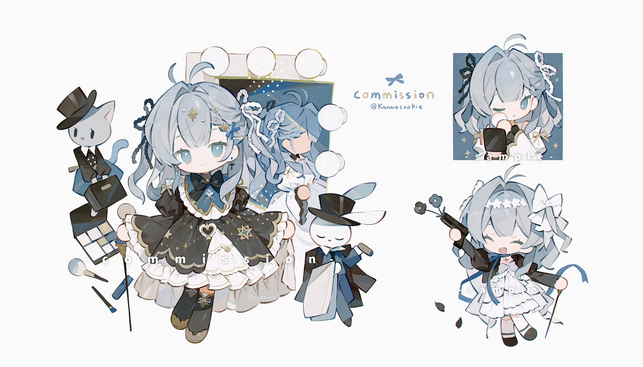 kanae (cookie), original, commission, highres, 1girl, :d, antenna hair, black dress, black hat, black socks, blue eyes, blue hair, blunt bangs, brown shoes, chibi, chibi only, closed mouth, double-parted bangs, dress, frilled dress, frilled sleeves, frills, full body, gun, hair intakes, hat, holding, holding gun, holding weapon, juliet sleeves, long hair, long sleeves, looking at viewer, multiple views, open mouth, puffy sleeves, rabbit, shoes, simple background, smile, socks, standing, top hat, twitter username, weapon, white background, wide sleeves