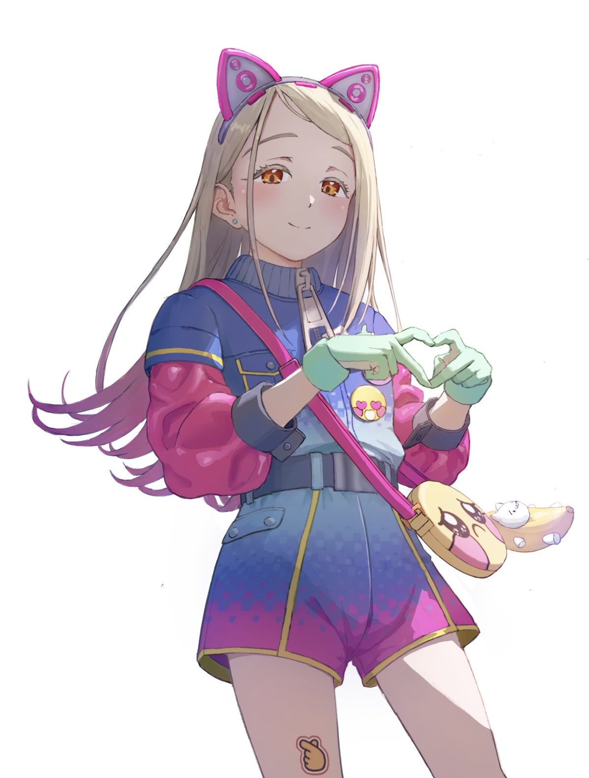 shinosawa hiro, gakuen idolmaster, idolmaster, highres, 1girl, animal ear hairband, animal ears, aqua gloves, badge, bag, belt, black belt, blonde hair, blue jacket, blue shorts, blush, button badge, cat ear hairband, cat ears, closed mouth, colored eyelashes, cowboy shot, earrings, emoji, fake animal ears, flipped hair, g takuan, gloves, gradient hair, gradient shorts, hairband, hands up, heart, heart hands, jacket, jewelry, layered sleeves, long hair, long sleeves, looking at viewer, looking down, meme, miracle na now! (idolmaster), multicolored hair, multicolored jacket, multicolored shorts, orange eyes, pink hair, pink jacket, pink shorts, pleading face emoji, sad banana cat (meme), short over long sleeves, short sleeves, shorts, shoulder bag, simple background, smile, solo, standing, sticker on leg, stud earrings, white background, yellow bag, zipper
