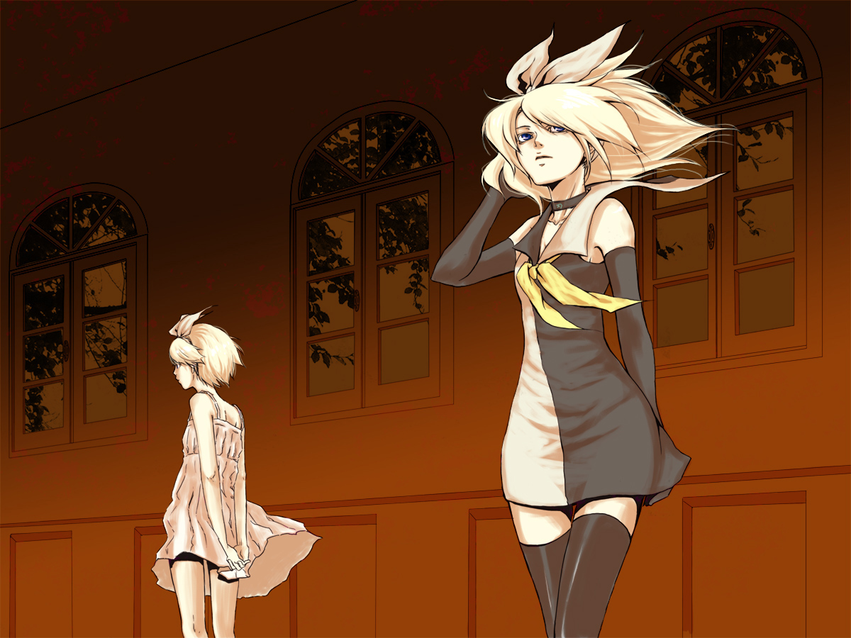 makoto (maternalism), maternalism, kagamine rin, kagamine rin (roshin yuukai), meltdown, roshin yuukai (vocaloid), vocaloid, 2girls, black thighhighs, blonde hair, blue eyes, dress, dual persona, elbow gloves, gloves, hair ribbon, long hair, multiple girls, ribbon, sailor dress, short hair, skirt, thighhighs, tree, white dress, white skirt, wind, window