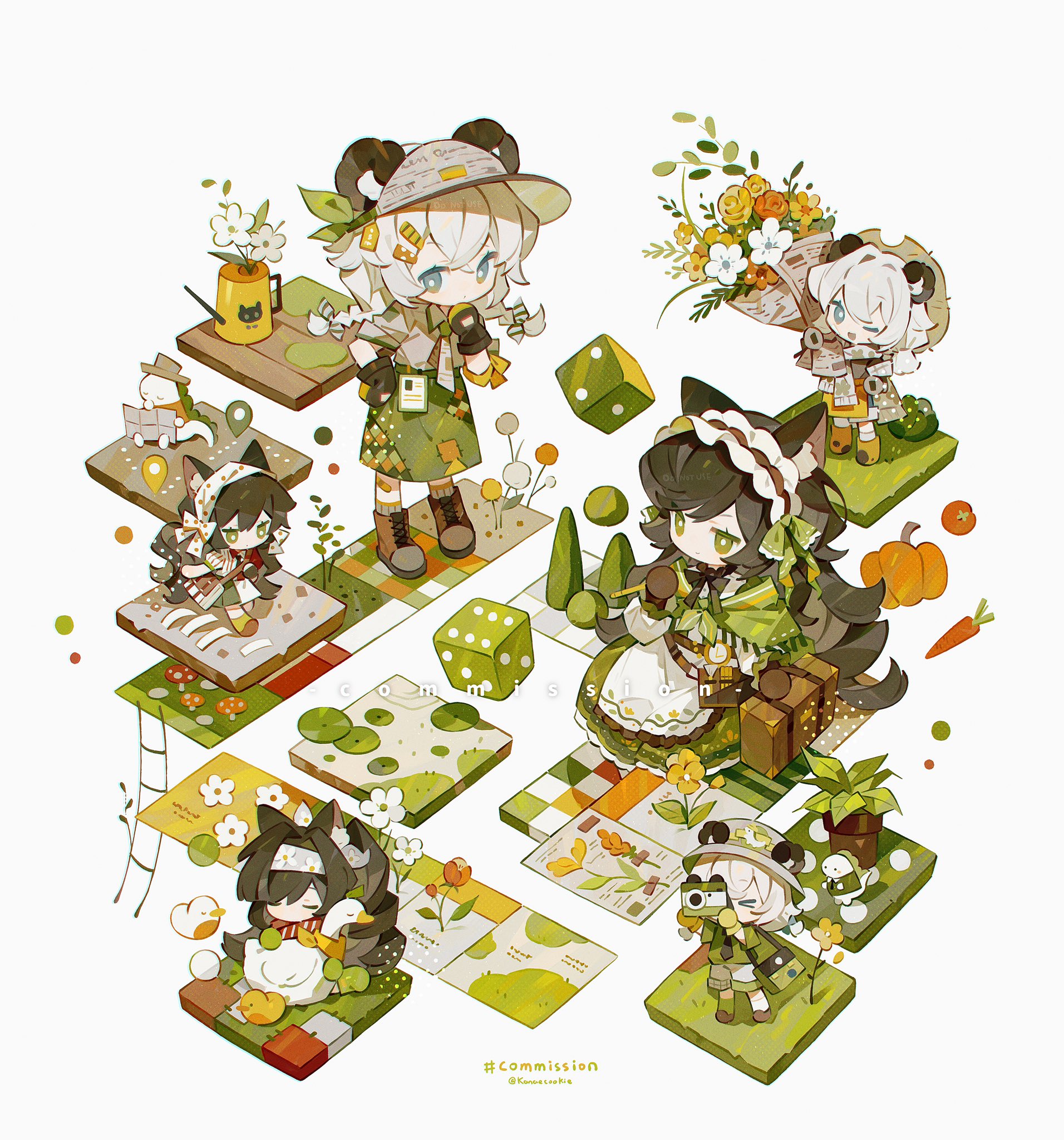 kanae (cookie), original, commission, highres, 2girls, ;d, animal ear fluff, animal ears, black gloves, black hair, blue eyes, boots, braid, bright pupils, brown boots, cat ears, cat girl, chibi, chibi only, closed mouth, collared shirt, crossed bangs, dice, double-parted bangs, dress, frilled hairband, frills, full body, gloves, green dress, green eyes, green skirt, grey socks, hair between eyes, hairband, horns, lace-up boots, long hair, multiple girls, multiple views, necktie, one eye closed, open mouth, red hairband, ribbed socks, sheep girl, sheep horns, shirt, short sleeves, simple background, sitting, skirt, smile, socks, standing, twin braids, twitter username, white background, white hair, white necktie, white pupils, white shirt