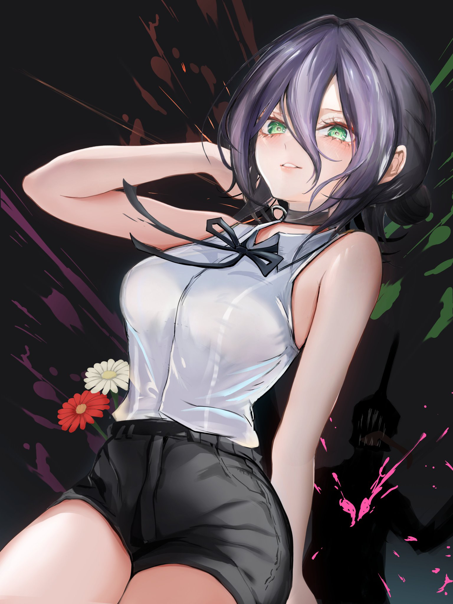 tk@illustration, reze (chainsaw man), chainsaw man, highres, 1girl, black background, black choker, black shorts, blush, breasts, choker, flower, green eyes, looking at viewer, paint splatter, purple hair, shirt, short shorts, shorts, simple background, sleeveless, sleeveless shirt, smile, solo, white shirt