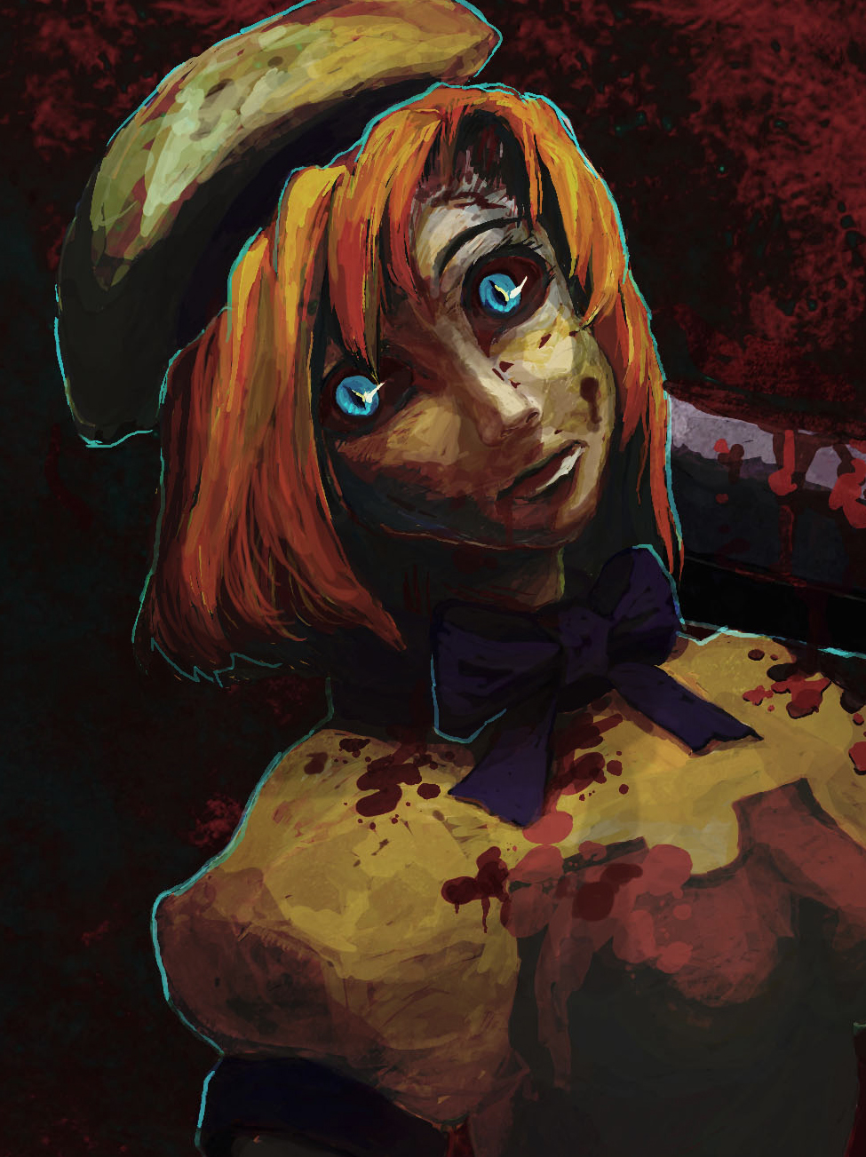 furcas, ryuuguu rena, higurashi no naku koro ni, highres, 00s, 1girl, blood, blue eyes, creepy, female focus, hat, horror (theme), orange hair, ribbon, solo, staring