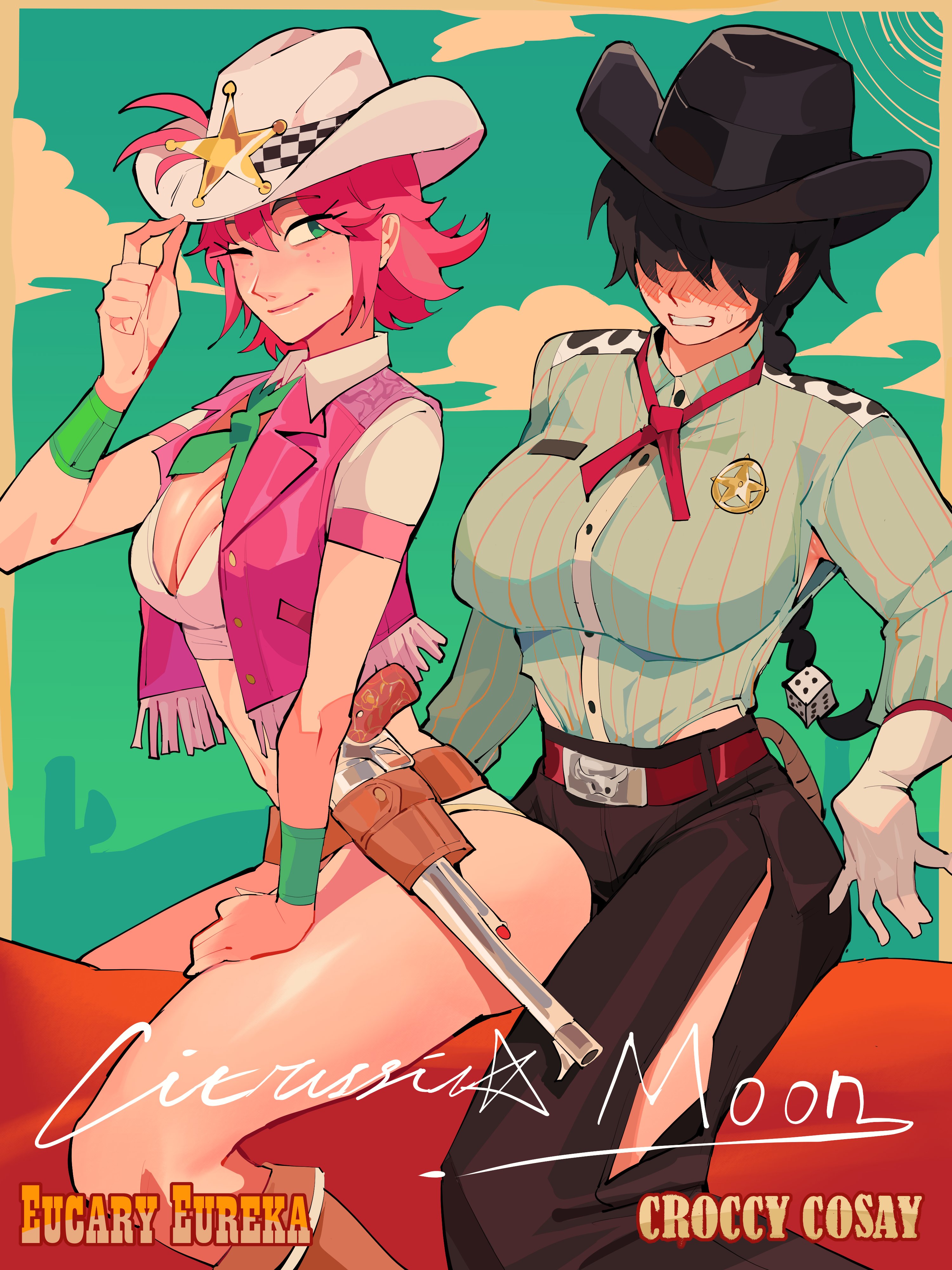 diforland, original, absurdres, highres, 2girls, black hair, black hat, black pants, breasts, cleavage, cowboy hat, cowboy western, cowgirl (western), english text, green eyes, green shirt, gun, hair over eyes, hat, hat tip, jacket, large breasts, long hair, multiple girls, one eye closed, open clothes, open jacket, pants, pink hair, ponytail, shirt, signature, sleeveless, sleeveless jacket, weapon, white hat