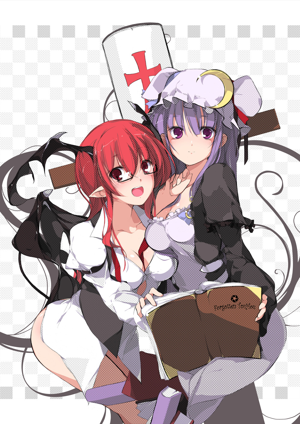 sakura sora, koakuma, patchouli knowledge, embodiment of scarlet devil, touhou, bad id, bad pixiv id, highres, 2girls, bespectacled, book, breasts, cleavage, female focus, glasses, hat, head wings, large breasts, long hair, multiple girls, nurse, pointy ears, purple hair, red eyes, wings, yuri