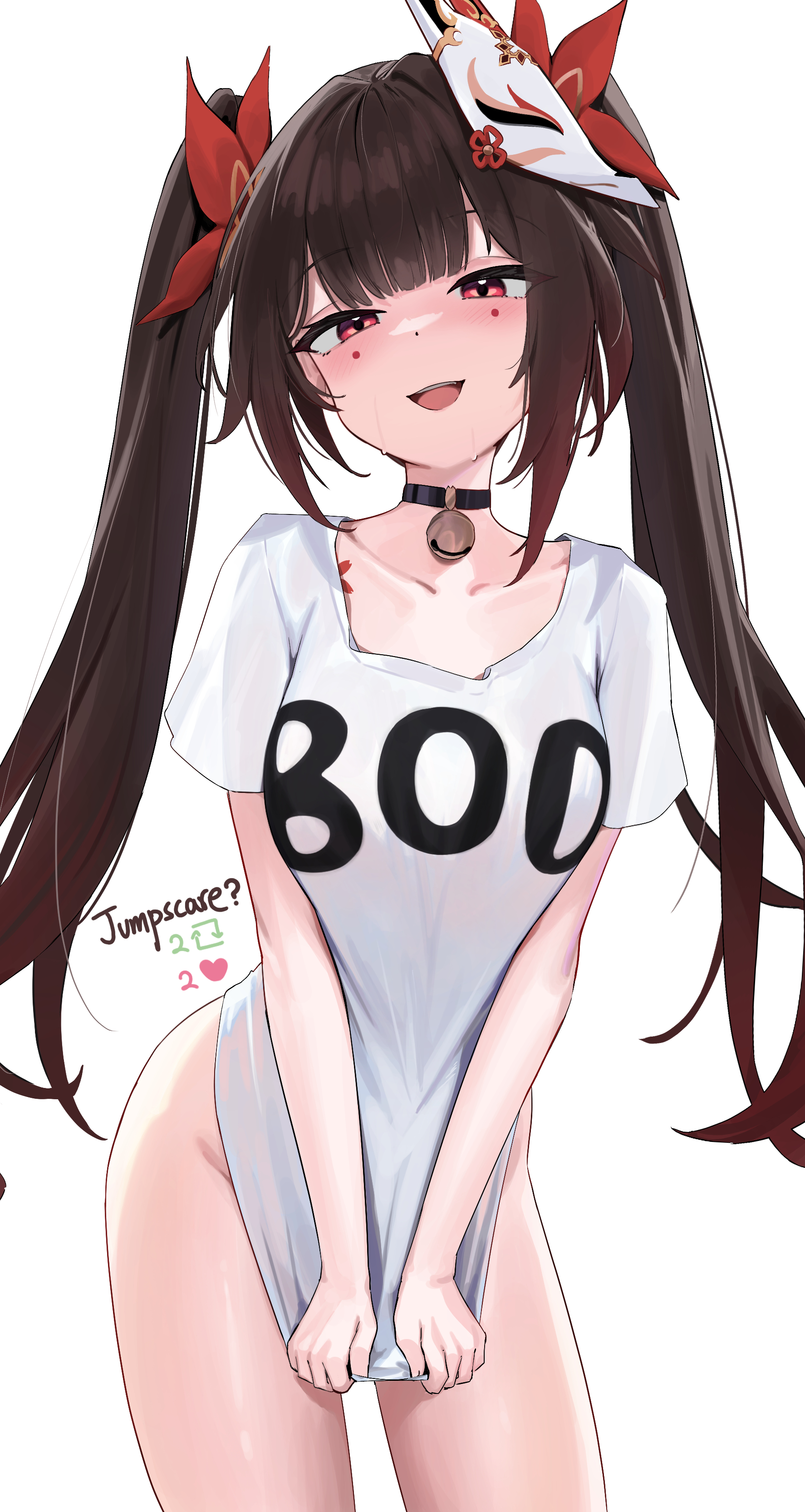 skai kun, sparkle (honkai: star rail), honkai: star rail, honkai (series), absurdres, highres, 1girl, bell, black hair, blush, breasts, choker, fox mask, hair ornament, jingle bell, long hair, looking at viewer, mask, mask on head, medium breasts, neck bell, open mouth, pink eyes, shirt, short sleeves, smile, solo, thighs, twintails, white shirt