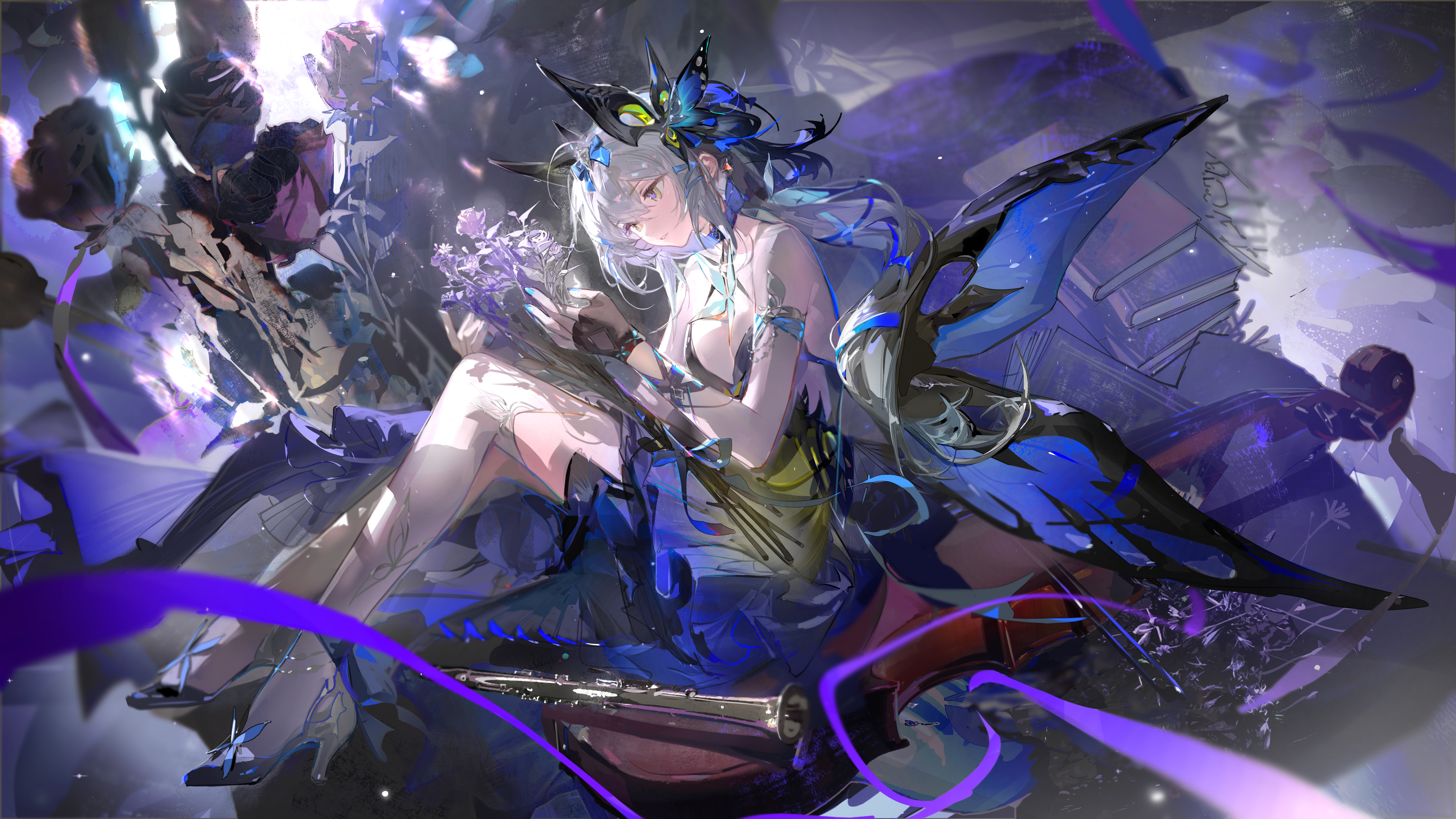 ruoganzhao, psyche (duet night abyss), duet night abyss, absurdres, chinese commentary, commentary request, highres, 1girl, armlet, bare shoulders, black shoes, blue nails, breasts, closed mouth, fingernails, full body, hair ornament, hands up, high heels, insect wings, jewelry, long hair, medium breasts, nail polish, official alternate costume, shoes, sidelocks, solo, white hair, wings, yellow eyes