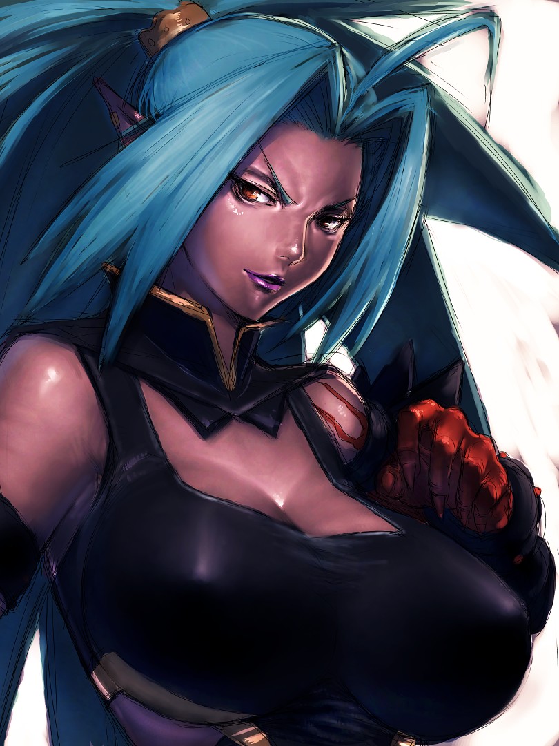fumio (rsqkr), roxy (dungeon and fighter), dungeon and fighter, 00s, 1girl, ahoge, arad ahoge, blue hair, breasts, cleavage, covered erect nipples, female focus, large breasts, long hair, orange eyes, solo