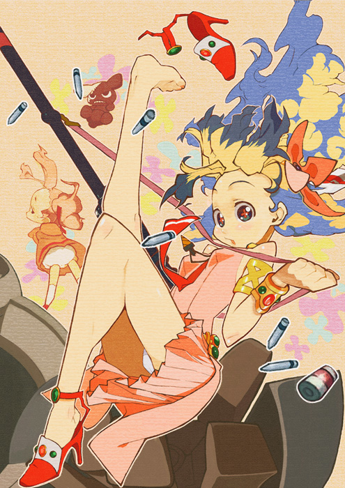 yuuki (irodo rhythm), darry adai, lagann, nia teppelin, tengen toppa gurren lagann, + +, 00s, 2girls, barefoot, bullet, cross-shaped pupils, feet, long hair, multiple girls, panties, pantyshot, shoes, single shoe, skirt, symbol-shaped pupils, underwear