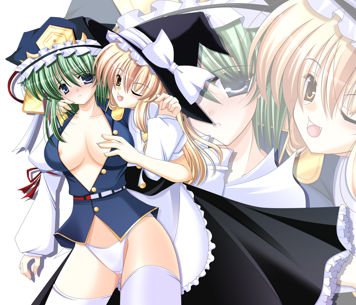 hiyori-o, kirisame marisa, shiki eiki, touhou, bad id, bad pixiv id, highres, 2girls, blonde hair, breasts, female focus, medium breasts, multiple girls, nipples, panties, thighhighs, underwear, white thighhighs, yuri, zoom layer