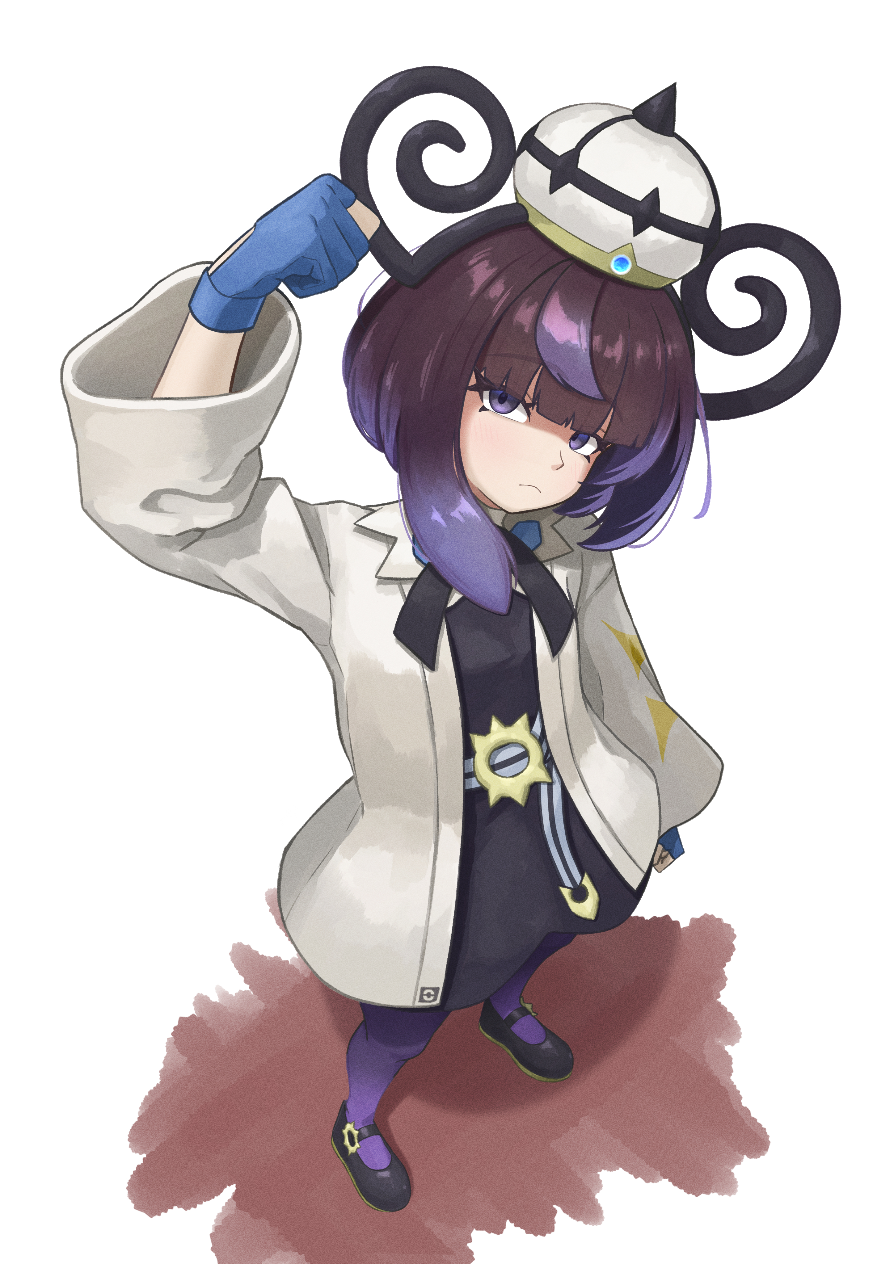 ganze 382, gwynn (pokemon), nintendo, pokemon, pokemon legends: z-a, absurdres, commentary request, highres, 1girl, arm up, black dress, black ribbon, black shoes, blue gloves, blunt bangs, closed mouth, coat, dress, full body, gloves, hat, head tilt, long sleeves, looking up, medium hair, neck ribbon, open clothes, open coat, pantyhose, partially fingerless gloves, purple pantyhose, ribbon, shoes, solo, standing, white coat