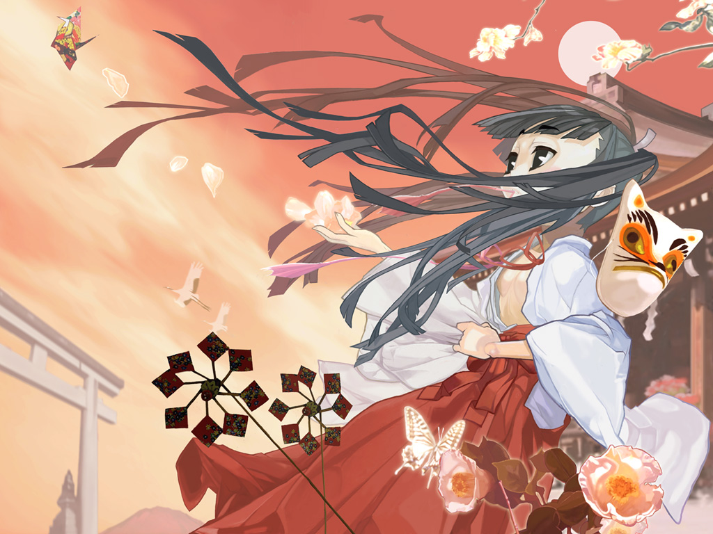 yuuki (irodo rhythm), original, 1girl, black hair, breasts, bug, butterfly, female focus, flat chest, flower, insect, japanese clothes, long hair, mask, medium breasts, miko, open clothes, open shirt, origami, paper crane, pinwheel, shirt, sideboob, solo, sunset, torii, twintails
