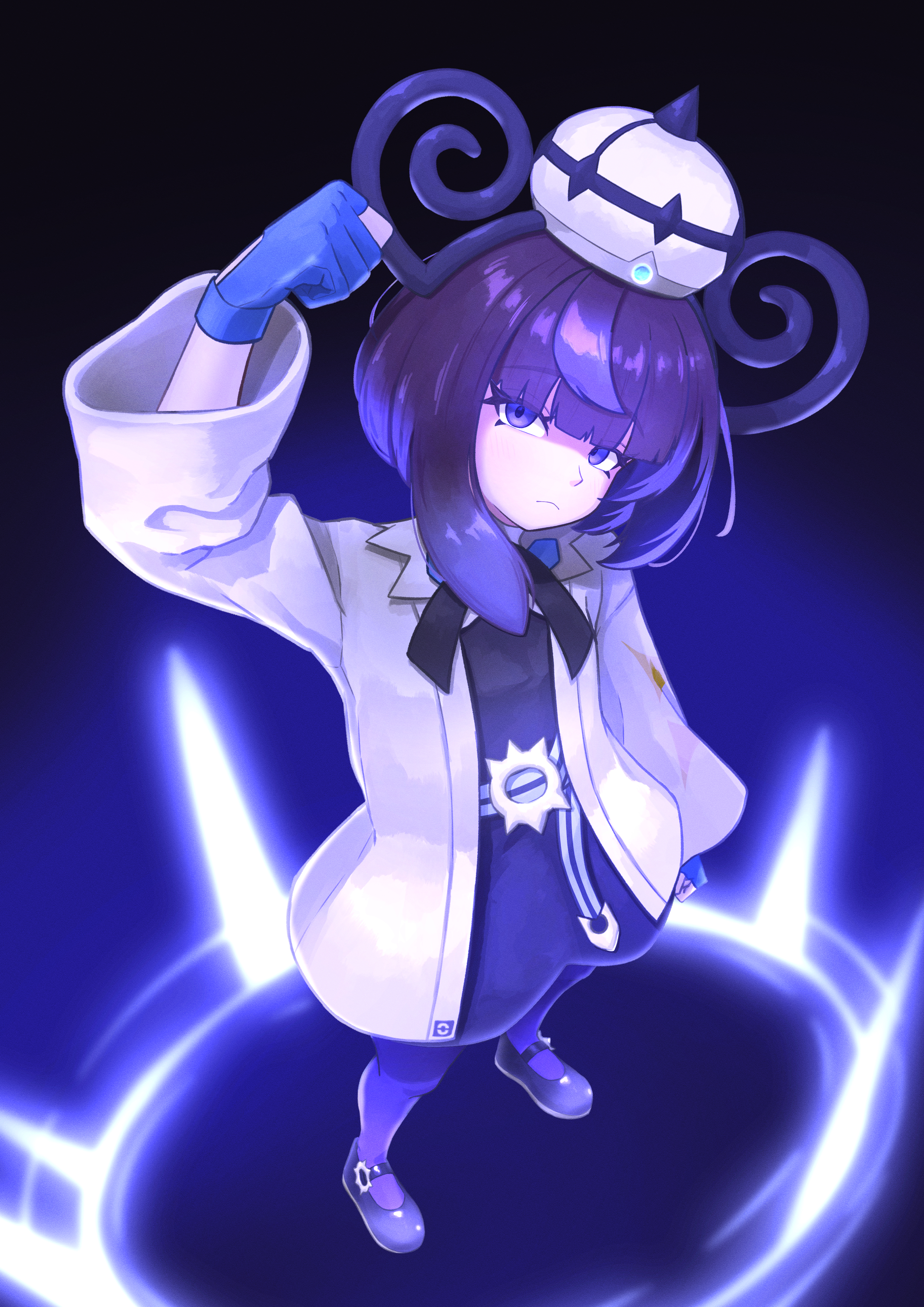 ganze 382, gwynn (pokemon), nintendo, pokemon, pokemon legends: z-a, absurdres, commentary request, highres, 1girl, arm up, black dress, blue gloves, blunt bangs, closed mouth, coat, dress, full body, gloves, glowing, hat, head tilt, long sleeves, looking up, medium hair, neck ribbon, open clothes, open coat, pantyhose, partially fingerless gloves, purple pantyhose, ribbon, shoes, solo, standing, white coat