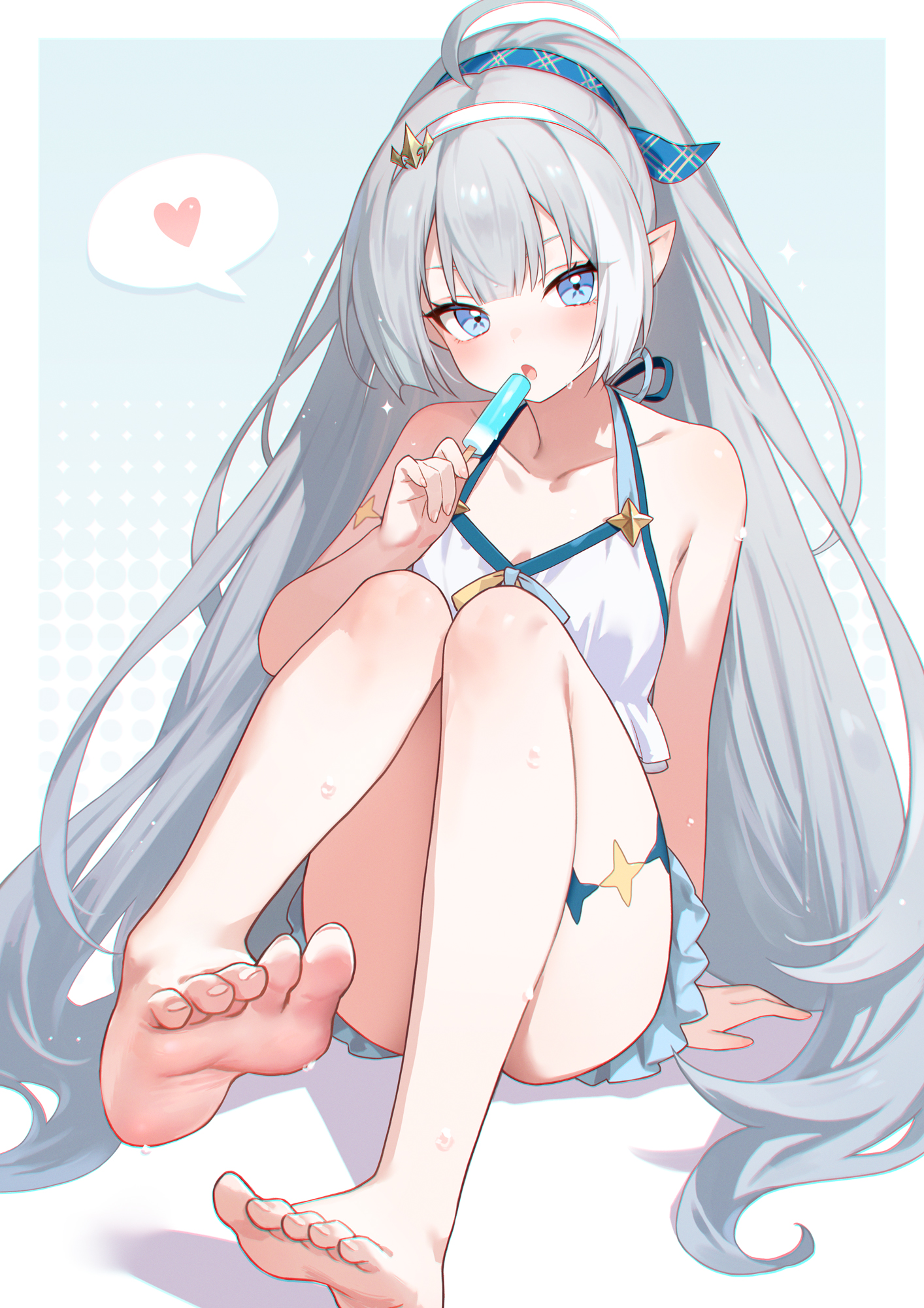 adelie cat, female tyrant (stella sora), tyrant (stella sora), stella sora, commentary, highres, 1girl, arm support, bare arms, bare shoulders, bikini, bikini skirt, blue bikini, blue eyes, blue hairband, breasts, checkered hairband, cleavage, collarbone, extra pupils, feet, food, frilled bikini, frills, full body, grey hair, hairband, head tilt, heart, holding, holding food, holding popsicle, knees together feet apart, long hair, official alternate costume, official alternate hairstyle, open mouth, pointy ears, popsicle, sitting, small breasts, soles, solo, speech bubble, spoken heart, swimsuit, thighs, toes, very long hair, wet, white bikini