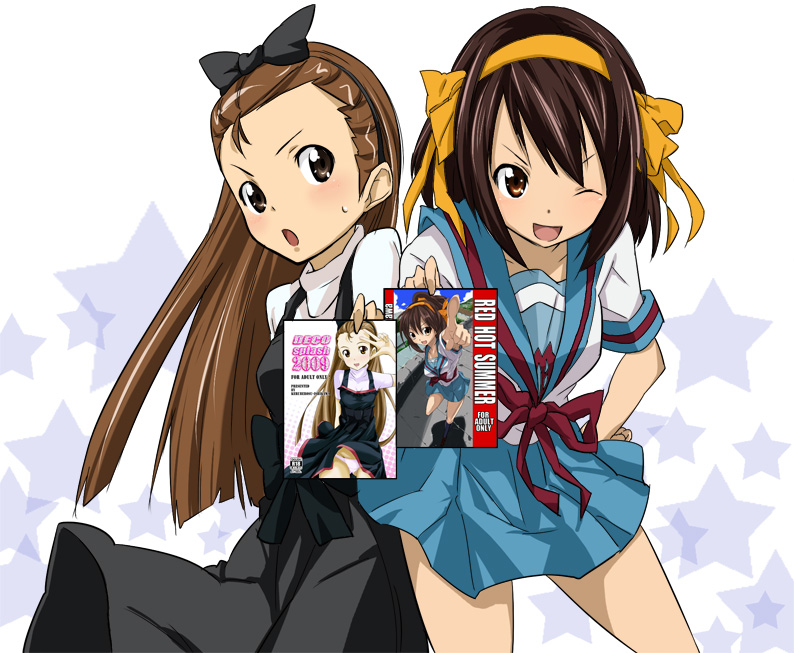 toru k, hoshii miki, minase iori, suzumiya haruhi, idolmaster, idolmaster (classic), suzumiya haruhi no yuuutsu, bad id, bad pixiv id, 00s, book, brown eyes, brown hair, crossover, dress, hairband, long hair, manga (object), one eye closed, school uniform, serafuku, wink