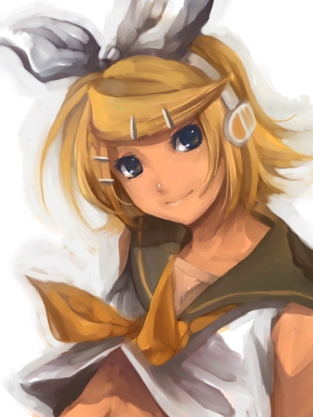haru ion, oharu, kagamine rin, vocaloid, bad id, bad pixiv id, 1girl, blonde hair, blue eyes, crop top, female focus, hair ornament, hair ribbon, hairclip, head tilt, headphones, light smile, looking at viewer, midriff, navel, neckerchief, ribbon, sailor collar, shirt, short hair, sleeveless, sleeveless shirt, smile, solo, upper body, white shirt